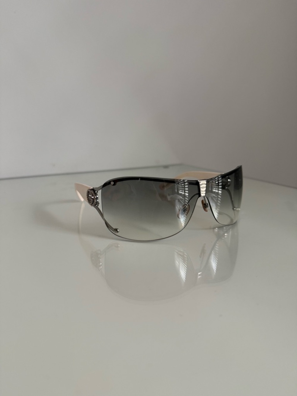 Gucci Women's Silver Gradient Shield Sunglasses with Crystal GG Logo